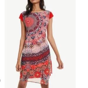 Desigual Tokyo Japan Shift Dress Womens 44 US XL Red Asymmetrical Art To Wear